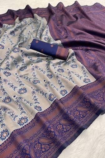 Grey Banarasi silk blend copper zari weaving woven leaf design saree with unstitched blouse