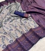 Grey Banarasi silk blend copper zari weaving woven leaf design saree with unstitched blouse