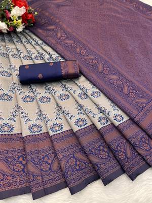 Grey Banarasi silk blend copper zari weaving woven leaf design saree with unstitched blouse 2