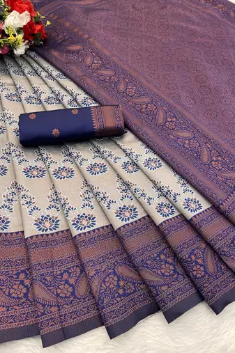 Grey Banarasi silk blend copper zari weaving woven leaf design saree with unstitched blouse