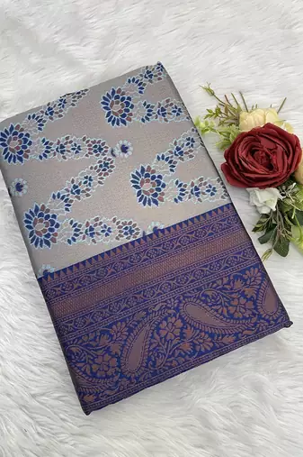 Grey Banarasi silk blend copper zari weaving woven leaf design saree with unstitched blouse