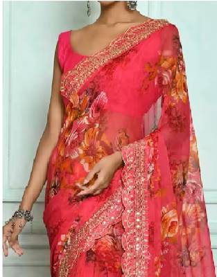 Designer georgette printed and lace work saree with blouse piece 5