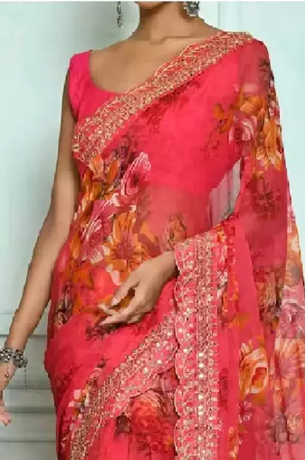 Designer georgette printed and lace work saree with blouse piece