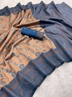 Peach Banarasi silk blend copper zari weaving woven leaf design saree with unstitched blouse 1