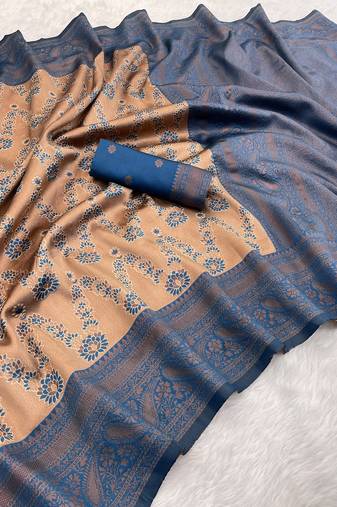 Peach Banarasi silk blend copper zari weaving woven leaf design saree with unstitched blouse