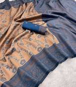 Peach Banarasi silk blend copper zari weaving woven leaf design saree with unstitched blouse