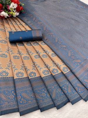 Peach Banarasi silk blend copper zari weaving woven leaf design saree with unstitched blouse 2