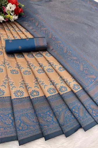 Peach Banarasi silk blend copper zari weaving woven leaf design saree with unstitched blouse
