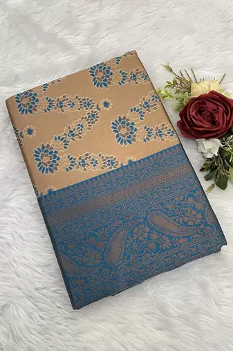 Peach Banarasi silk blend copper zari weaving woven leaf design saree with unstitched blouse