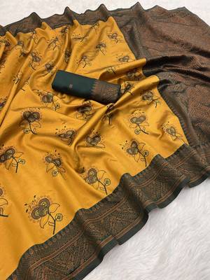 Mustard Banarasi silk blend copper zari weaving woven design saree with unstitched blouse 1