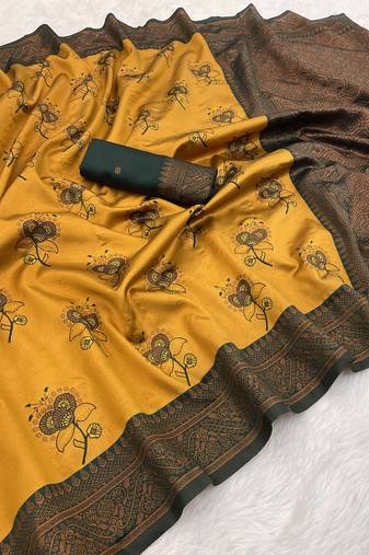 Mustard Banarasi silk blend copper zari weaving woven design saree with unstitched blouse