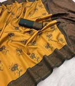 Mustard Banarasi silk blend copper zari weaving woven design saree with unstitched blouse