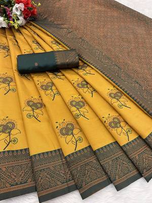 Mustard Banarasi silk blend copper zari weaving woven design saree with unstitched blouse 2