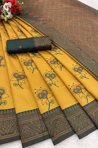 Mustard Banarasi silk blend copper zari weaving woven design saree with unstitched blouse