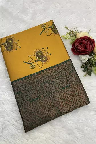 Mustard Banarasi silk blend copper zari weaving woven design saree with unstitched blouse