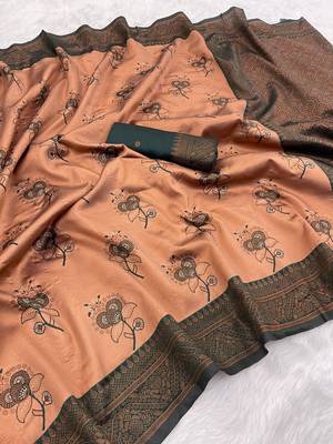 Peach Banarasi silk blend copper zari weaving woven design saree with unstitched blouse 1