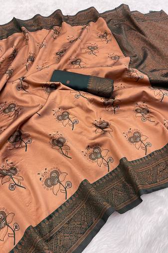 Peach Banarasi silk blend copper zari weaving woven design saree with unstitched blouse