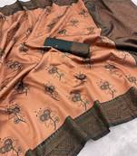 Peach Banarasi silk blend copper zari weaving woven design saree with unstitched blouse