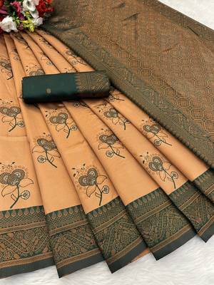 Peach Banarasi silk blend copper zari weaving woven design saree with unstitched blouse 2