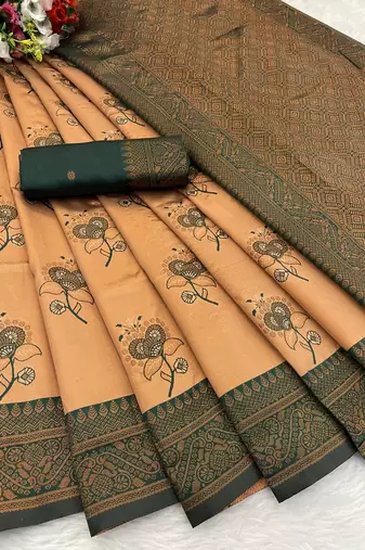 Peach Banarasi silk blend copper zari weaving woven design saree with unstitched blouse