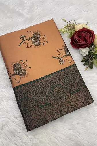 Peach Banarasi silk blend copper zari weaving woven design saree with unstitched blouse