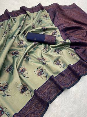 Seagreen Banarasi silk blend copper zari weaving woven design saree with unstitched blouse 1