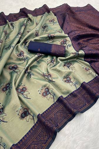 Seagreen Banarasi silk blend copper zari weaving woven design saree with unstitched blouse