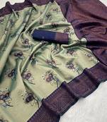 Seagreen Banarasi silk blend copper zari weaving woven design saree with unstitched blouse