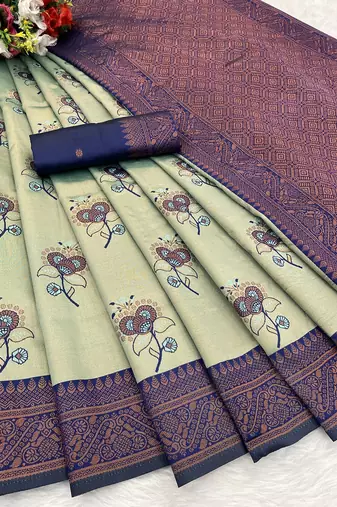Seagreen Banarasi silk blend copper zari weaving woven design saree with unstitched blouse