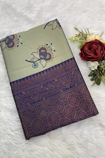 Seagreen Banarasi silk blend copper zari weaving woven design saree with unstitched blouse
