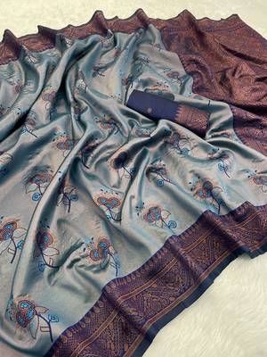 Skyblue Banarasi silk blend copper zari weaving woven design saree with unstitched blouse 1