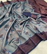 Skyblue Banarasi silk blend copper zari weaving woven design saree with unstitched blouse