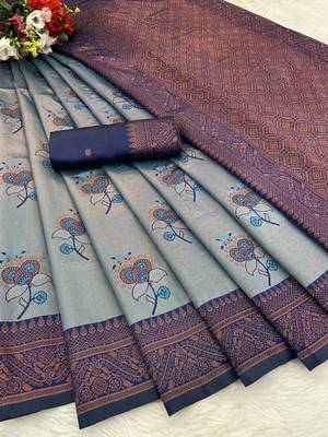 Skyblue Banarasi silk blend copper zari weaving woven design saree with unstitched blouse 2