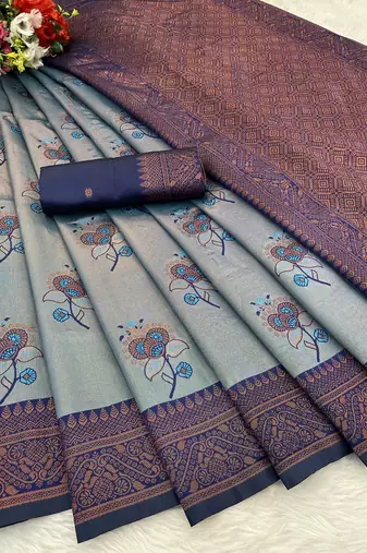 Skyblue Banarasi silk blend copper zari weaving woven design saree with unstitched blouse
