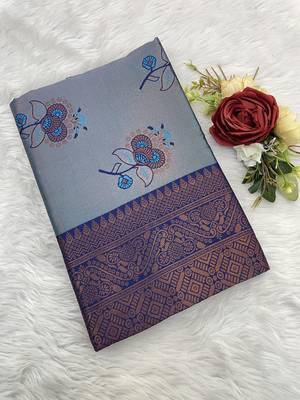 Skyblue Banarasi silk blend copper zari weaving woven design saree with unstitched blouse 3