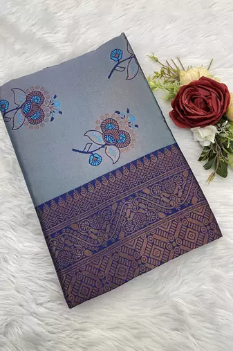 Skyblue Banarasi silk blend copper zari weaving woven design saree with unstitched blouse