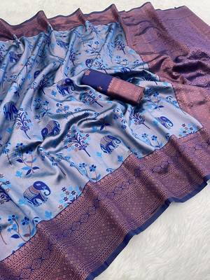 Blue Banarasi silk blend copper zari weaving woven elephent design saree with unstitched blouse 1