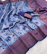Blue Banarasi silk blend copper zari weaving woven elephent design saree with unstitched blouse