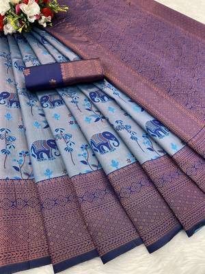 Blue Banarasi silk blend copper zari weaving woven elephent design saree with unstitched blouse 2
