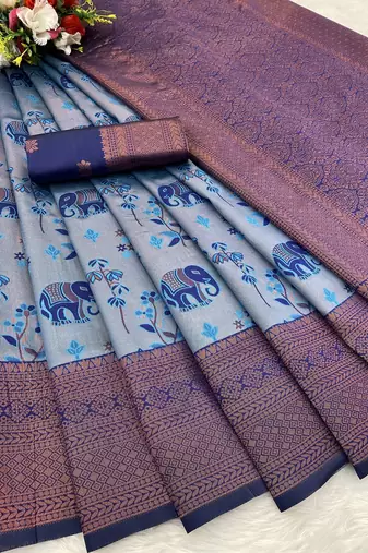 Blue Banarasi silk blend copper zari weaving woven elephent design saree with unstitched blouse