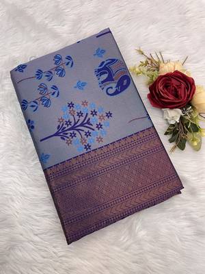 Blue Banarasi silk blend copper zari weaving woven elephent design saree with unstitched blouse 3