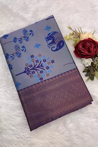 Blue Banarasi silk blend copper zari weaving woven elephent design saree with unstitched blouse
