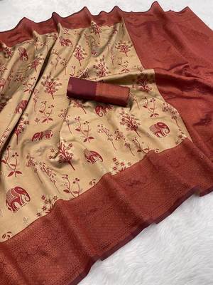 Cream Banarasi silk blend copper zari weaving woven elephent design saree with unstitched blouse 1
