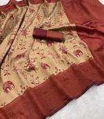 Cream Banarasi silk blend copper zari weaving woven elephent design saree with unstitched blouse