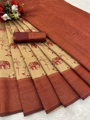 Cream Banarasi silk blend copper zari weaving woven elephent design saree with unstitched blouse 2