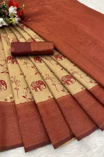 Cream Banarasi silk blend copper zari weaving woven elephent design saree with unstitched blouse