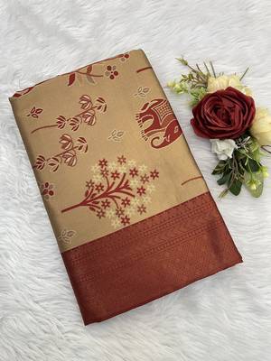 Cream Banarasi silk blend copper zari weaving woven elephent design saree with unstitched blouse 3
