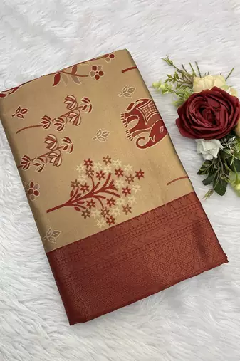 Cream Banarasi silk blend copper zari weaving woven elephent design saree with unstitched blouse