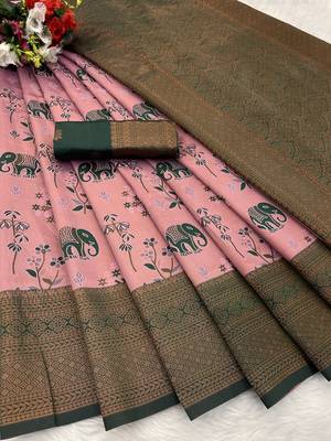 Pink Banarasi silk blend copper zari weaving woven elephent design saree with unstitched blouse 2