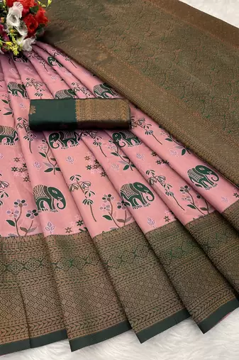 Pink Banarasi silk blend copper zari weaving woven elephent design saree with unstitched blouse